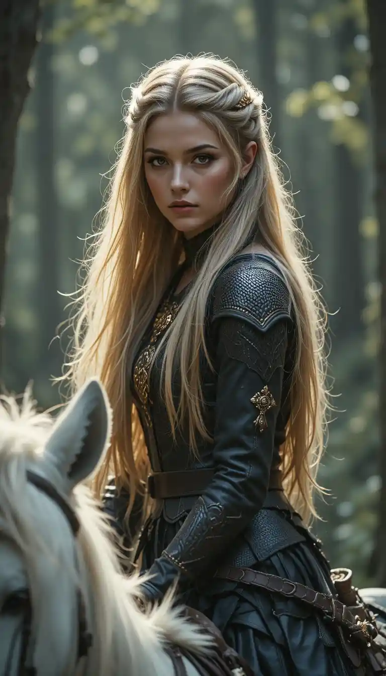 Celtic queen on a white horse in a misty forest clearing