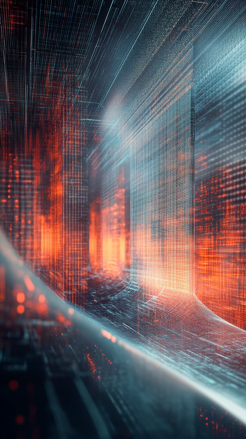 Abstract data clouds transforming into flowing light forms