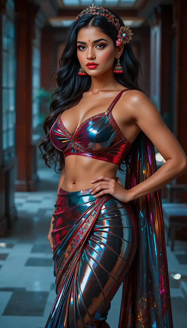 Confident woman in glossy mirror saree full body pose