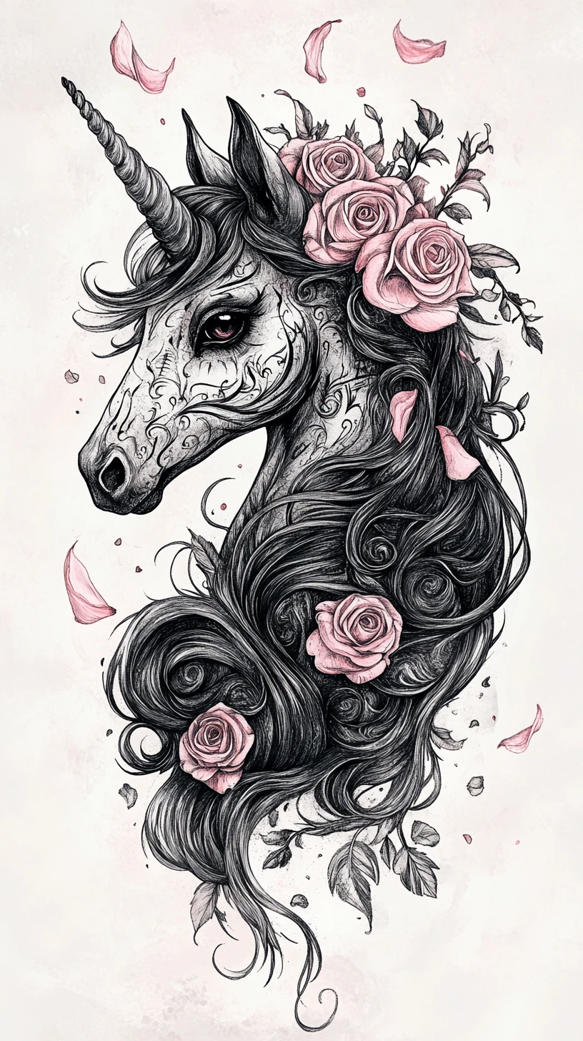 Ink formed unicorn with roses in dark fairytale style