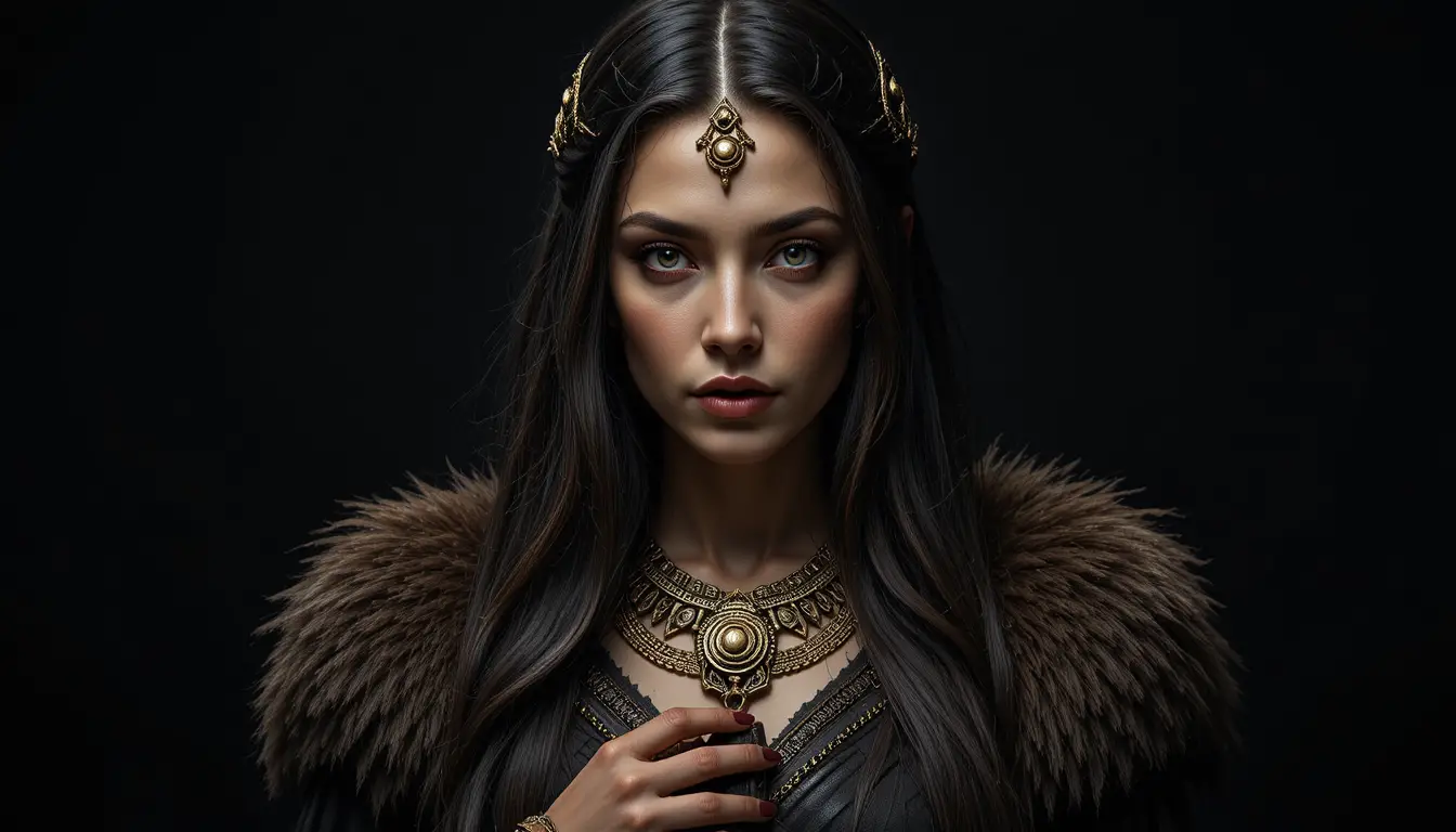 Celtic queen portrait with golden torc on black background