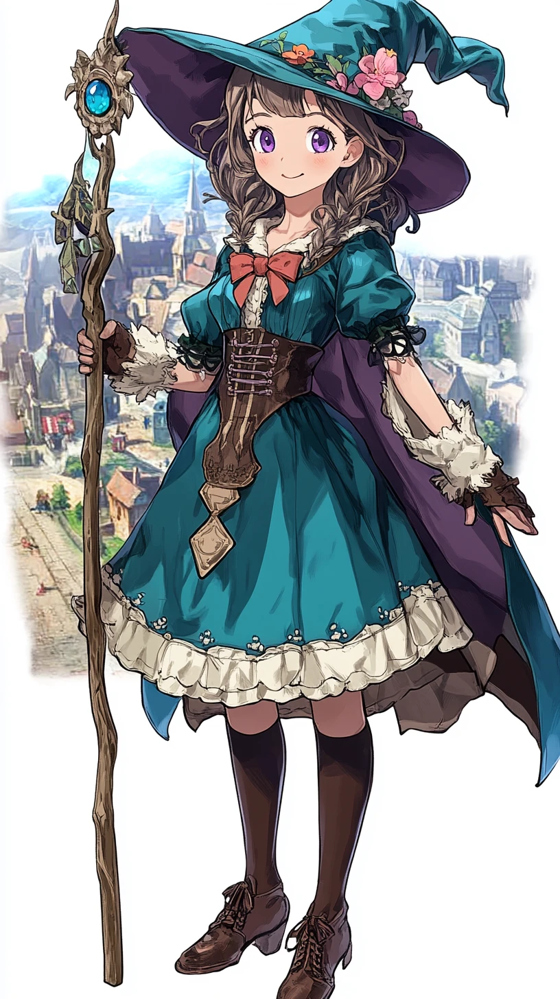 Anime witch girl at a crowded fantasy port city