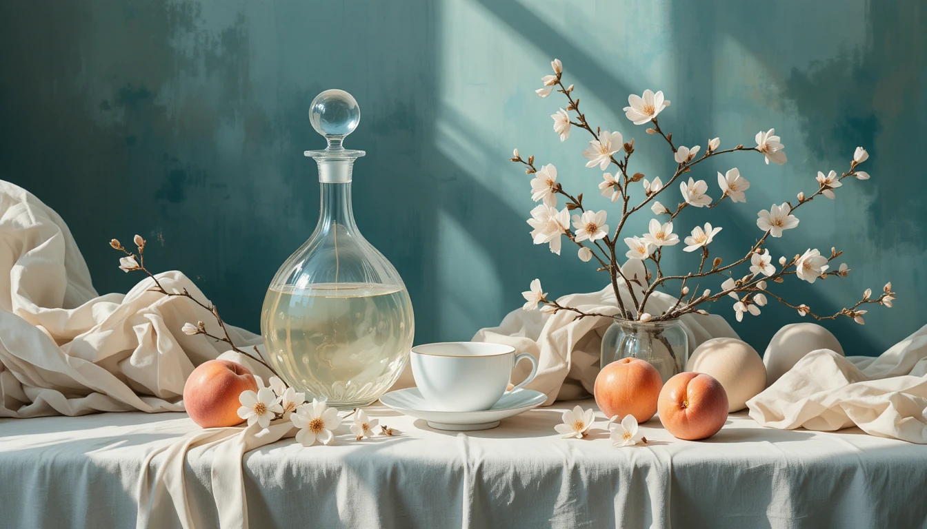 Tranquil still life with peaches crystal decanter and blossoms
