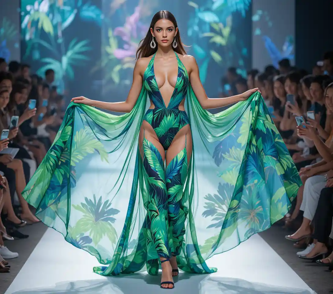 Latina model strides down runway in tropical swimsuit
