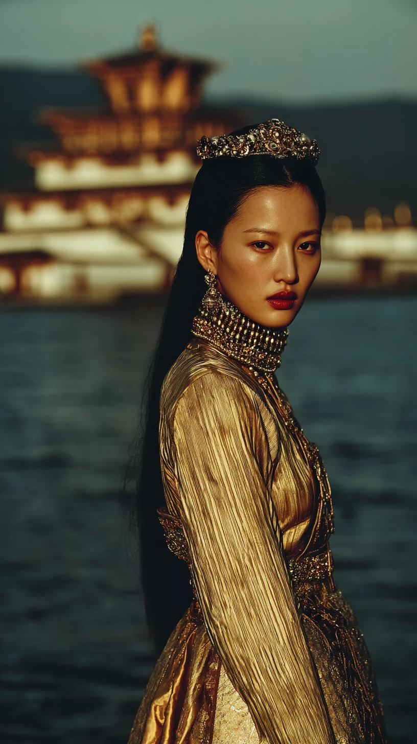 Regal young woman in gold by a tranquil waterside palace