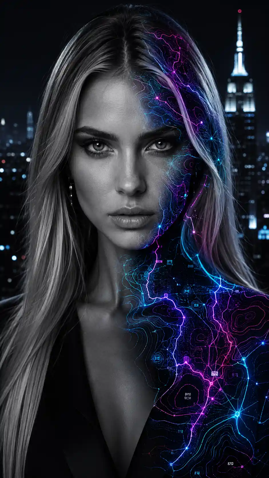 Blonde model portrait with neon topographic double exposure