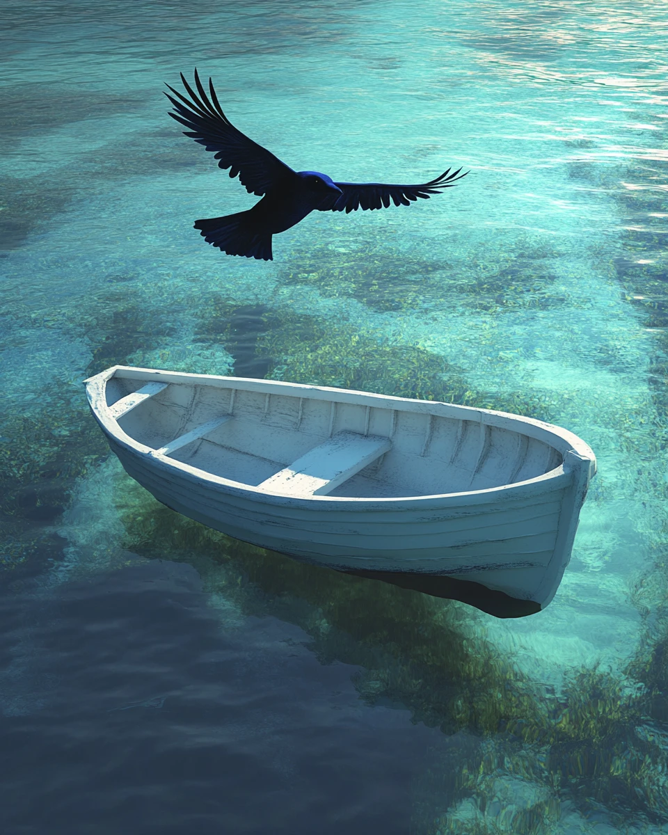 Blue crow flying above a quiet white boat at sea
