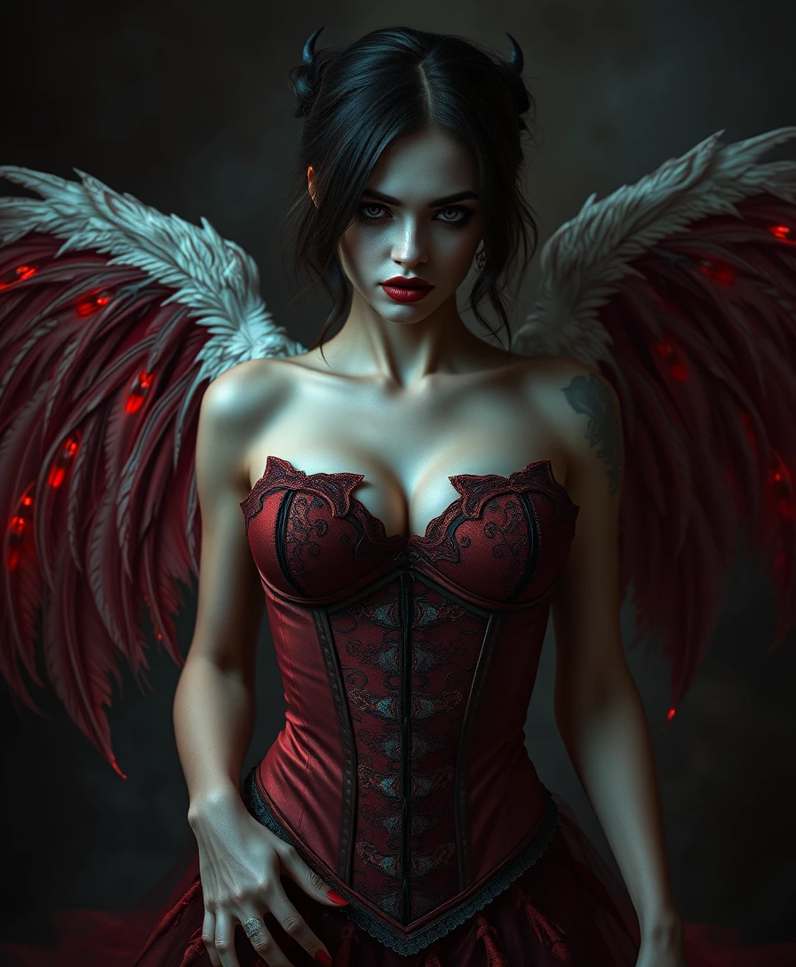 Surreal angelic woman with fiery wings and red corset