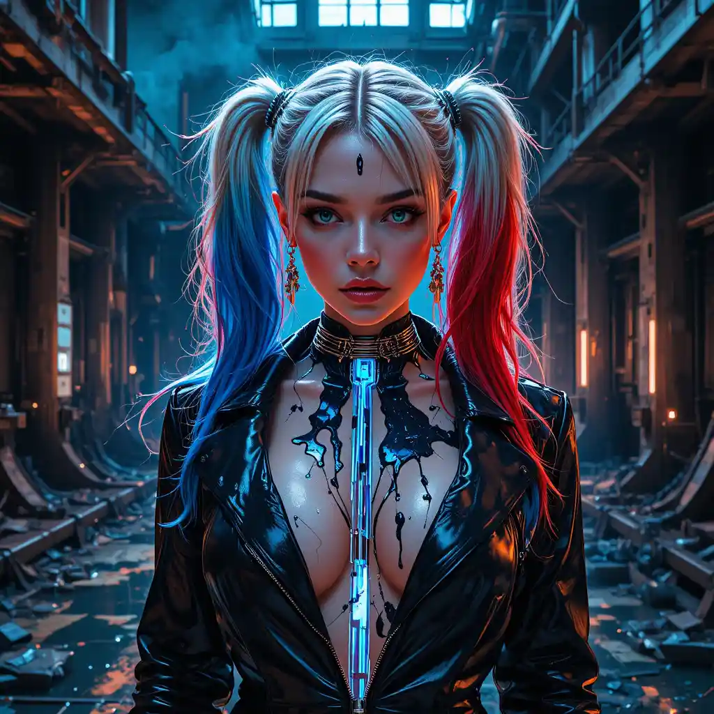 Cyberpunk woman in molten metal industrial close up portrait