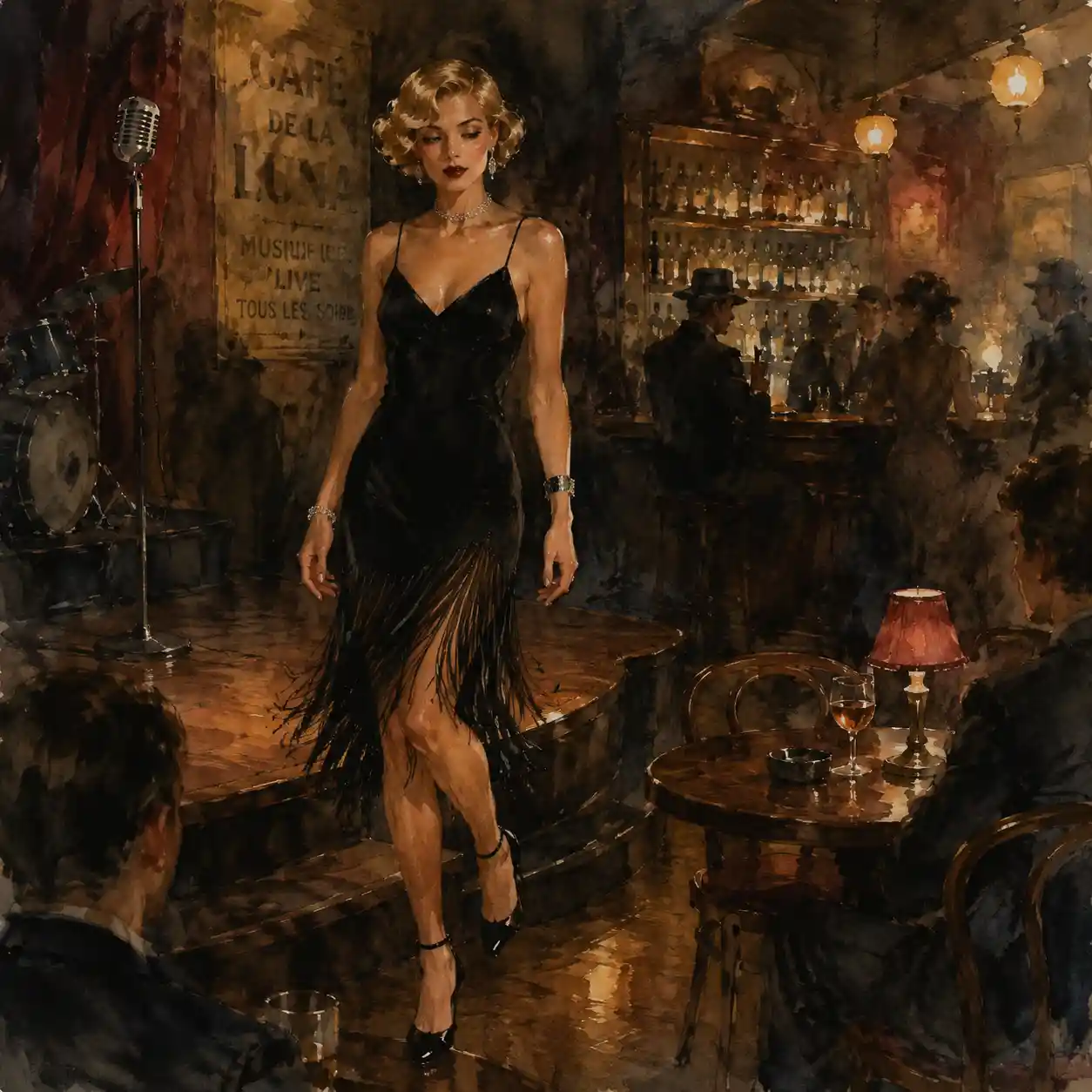 Blonde Woman Leaving Stage In Vintage Cafe Bar