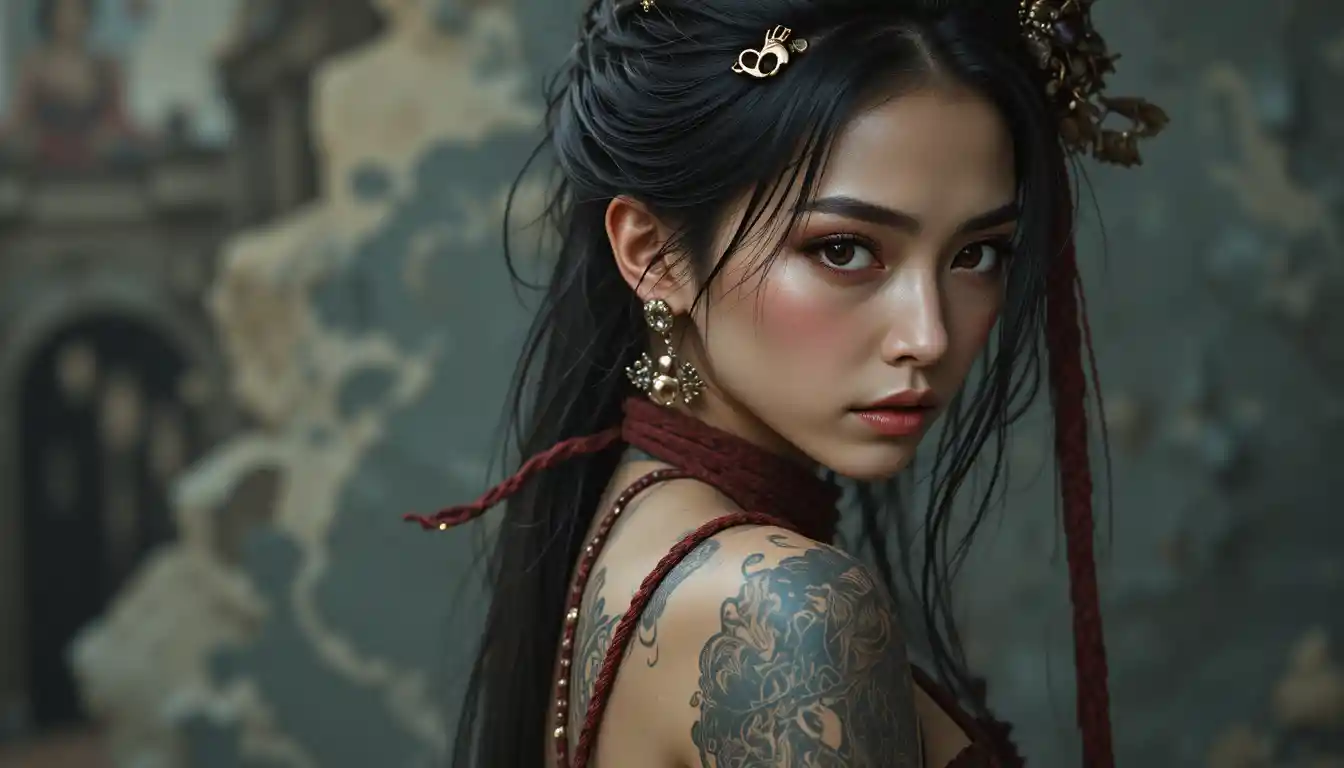 Asian warrior woman with dragon tattoo and red rope belt