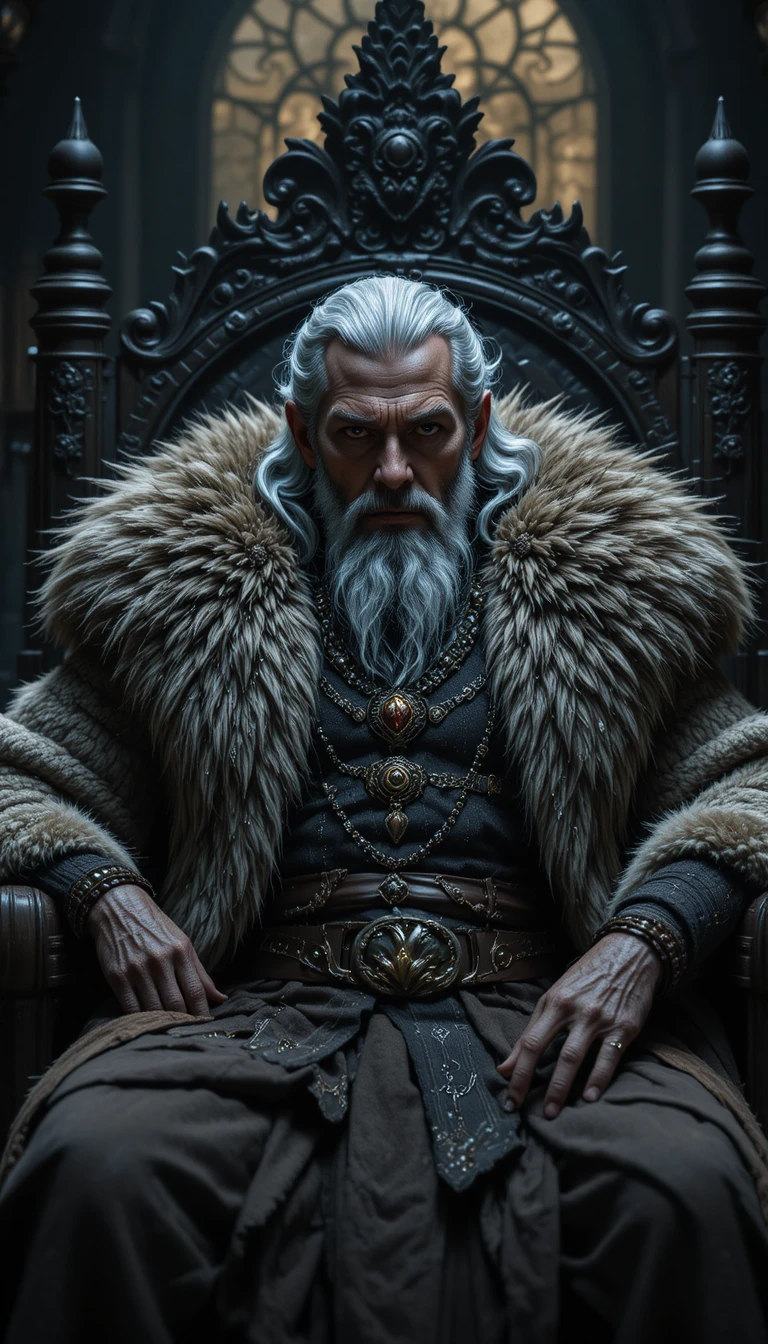 Cruel Celtic lord seated on a wooden throne in torchlight