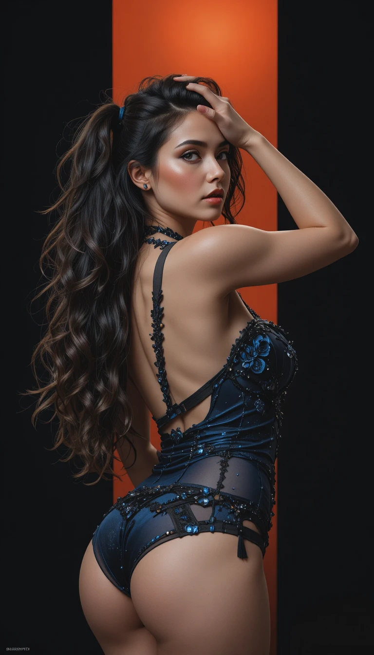 Sensual woman in dark lace lingerie against bold red column