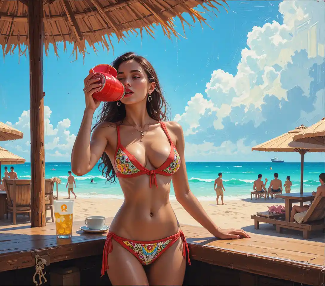 Woman at beach bar with bikini and large red drink cup