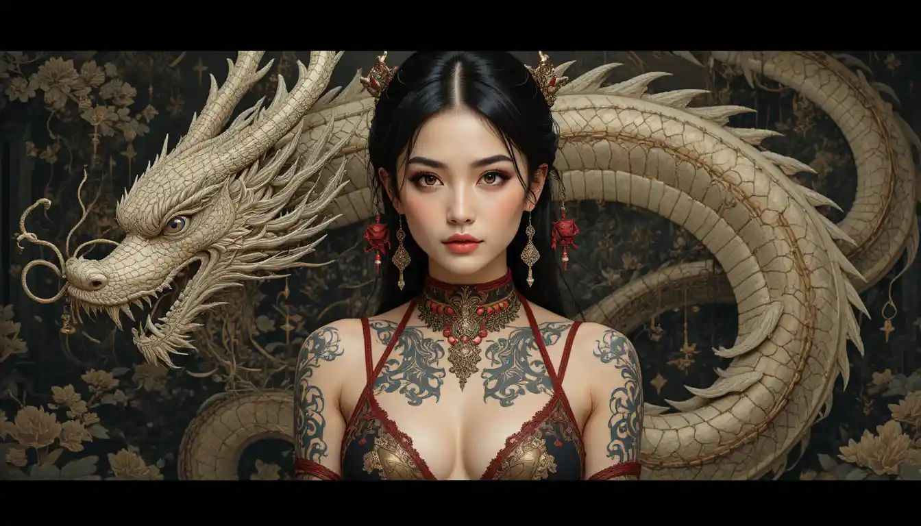 Asian woman with dragon tattoo and samurai fantasy background