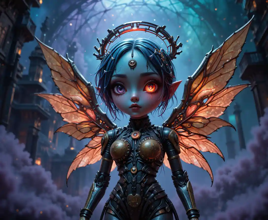 Surreal cybernetic angel portrait in a cosmic void