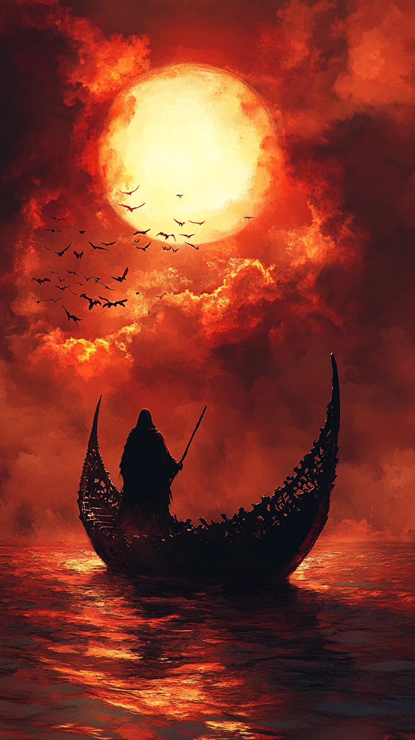 Cloaked figure guiding a skeletal crescent vessel at sea