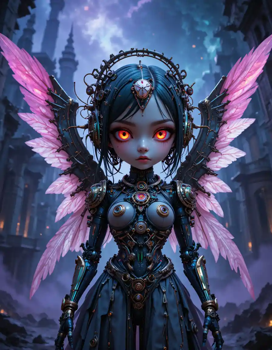 Surreal cybernetic angel portrait in a cosmic nightmare