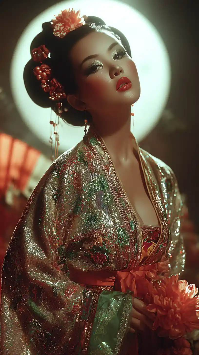 Elegant ancient Chinese woman in ornate hanfu with flowers