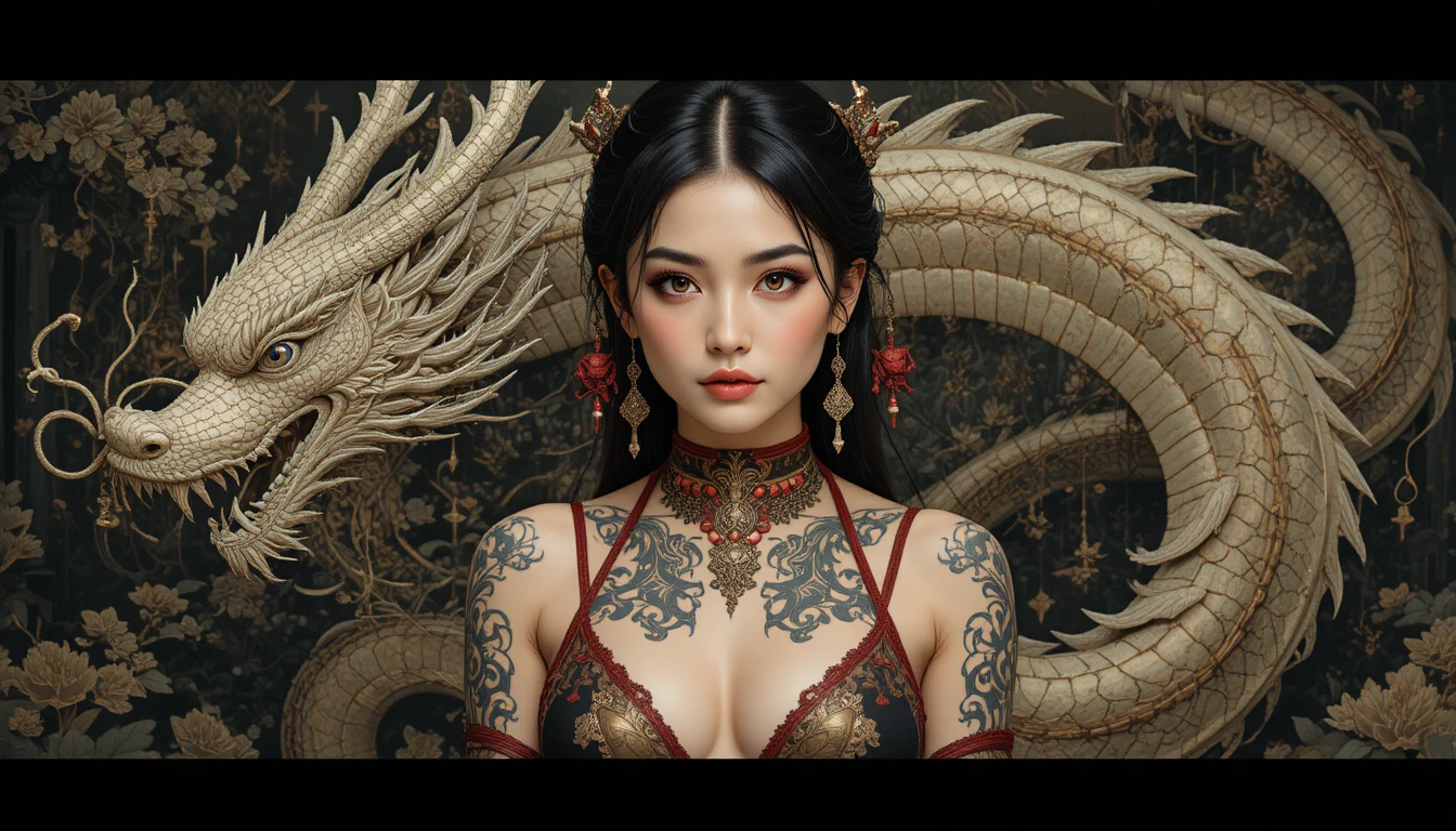 Asian woman with dragon tattoo and samurai fantasy background