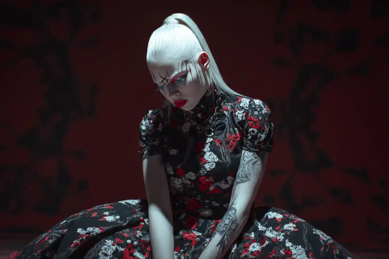 Donna albina in abito di carta floreale con styling punk surreale