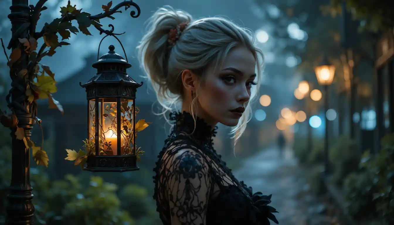 Goth woman walking at night against a starry cosmic sky