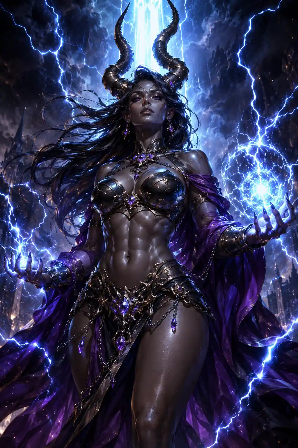 Demonic sorceress summons lightning in a heroic power stance