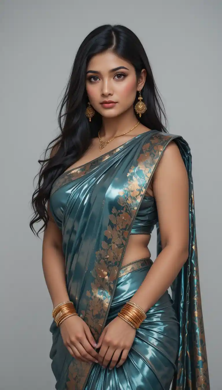 Tamil woman in glossy saree with exposed midriff pose