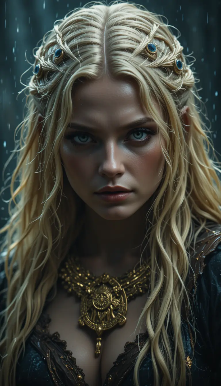 Celtic queen in the rain with defiant tired gaze