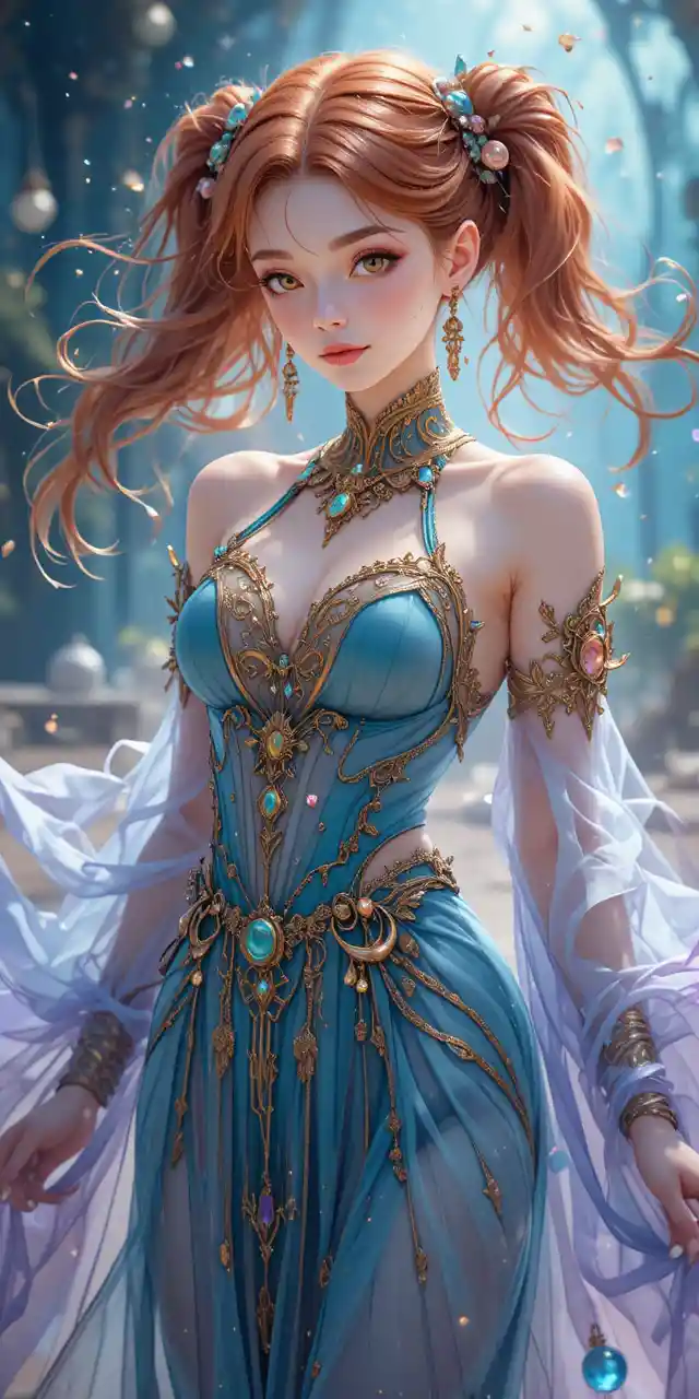 Ethereal red haired sorceress with glowing magical aura