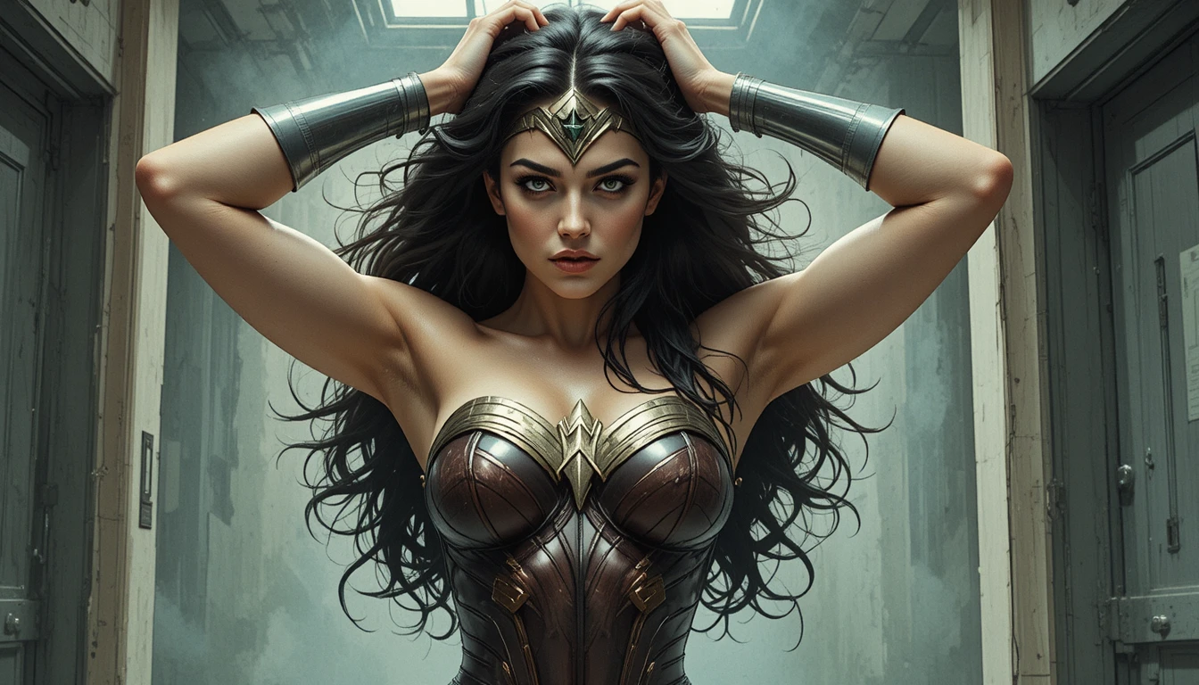 Mystical pin up style warrior woman in dark prison