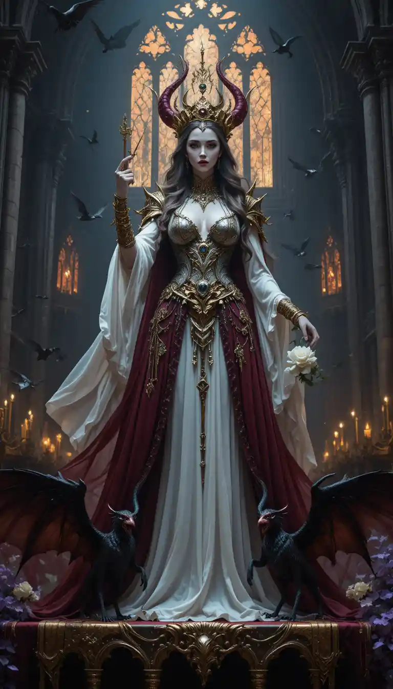 Rainha vampira no altar de uma catedral gótica à noite