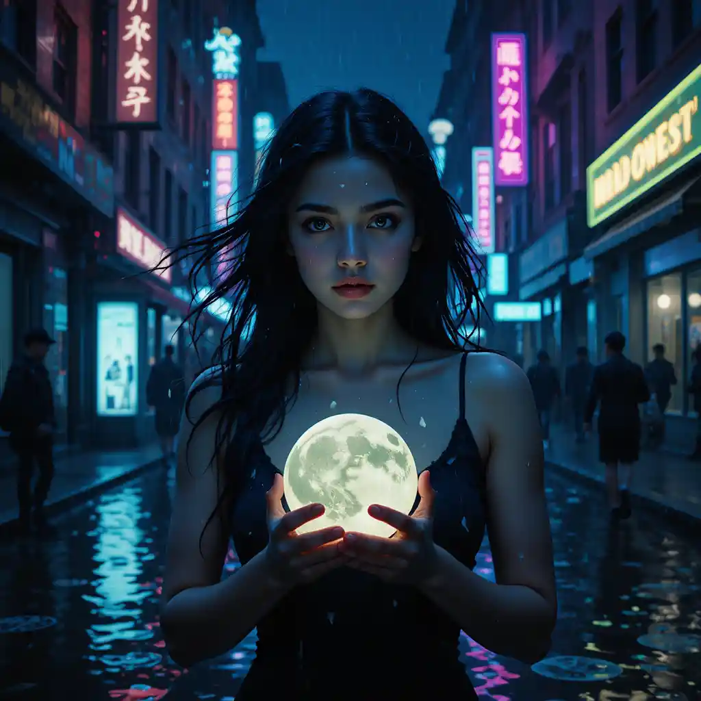 Woman holding a glowing moon in a flooded midnight city street