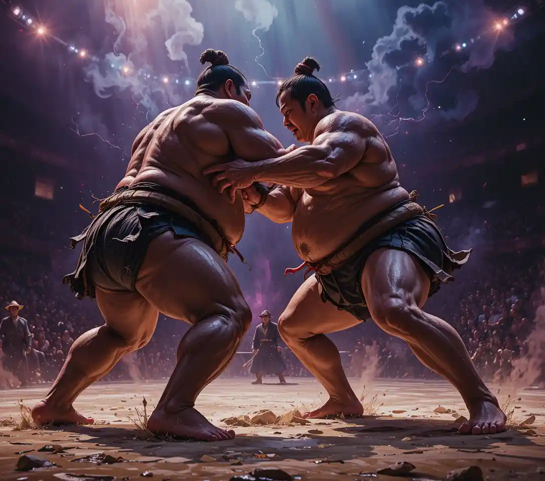 Two sumo wrestlers clash in a powerful low angle arena shot