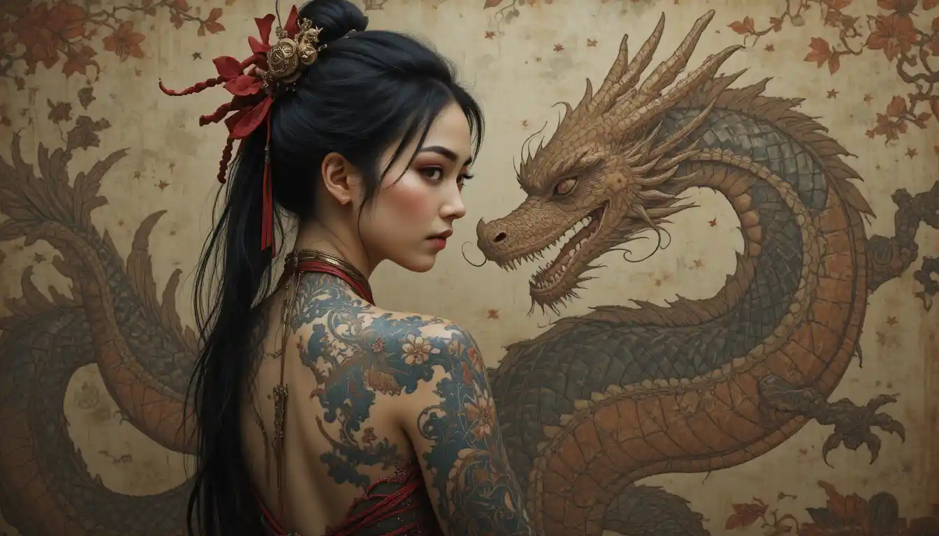 Asian woman with dragon tattoo and samurai in fantasy art