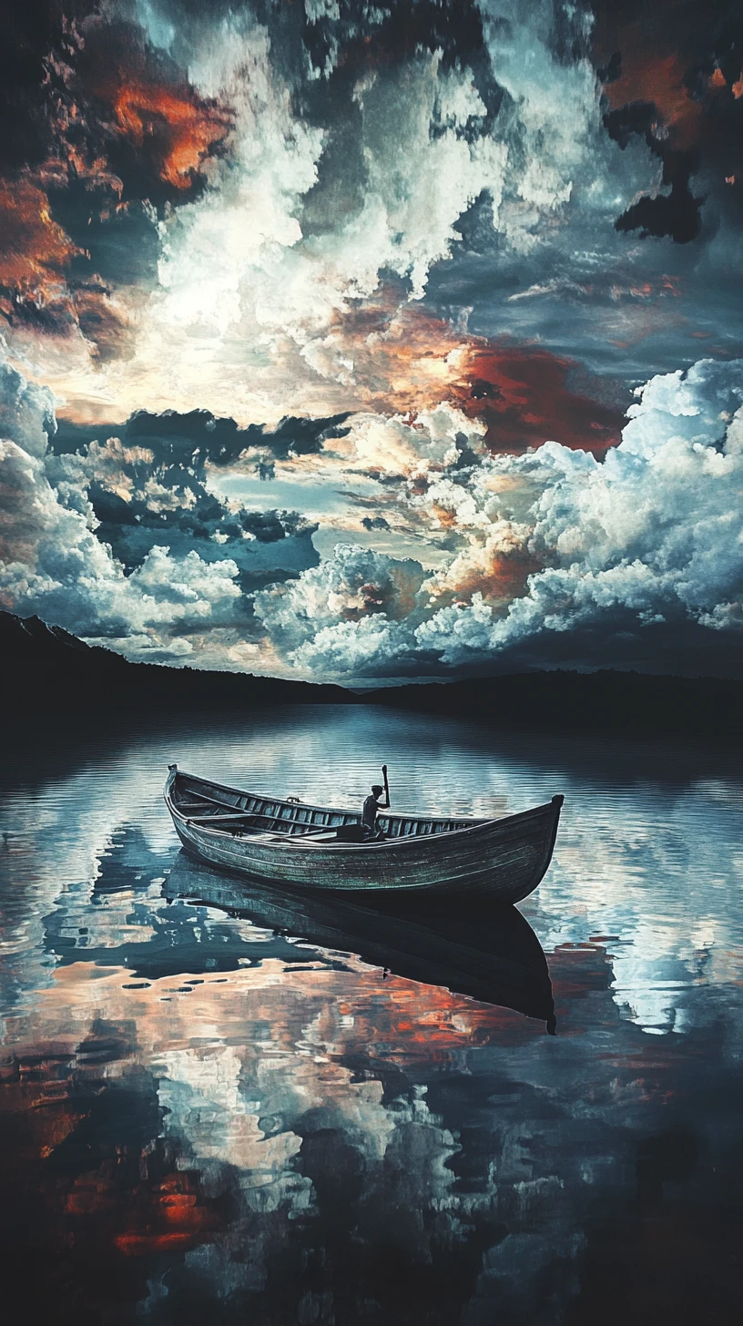 Surreal boat drifting across a fractured reflective sea