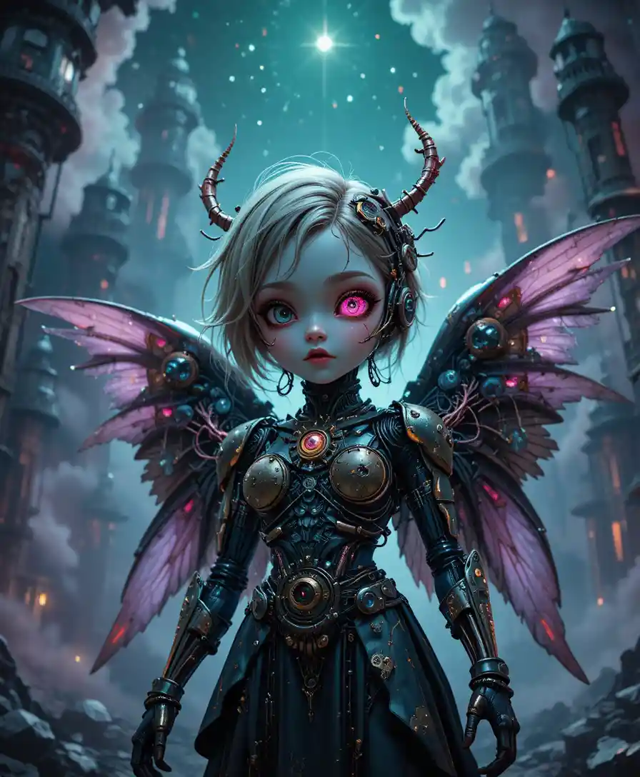 Surreal cybernetic angel woman in a cosmic nightmare