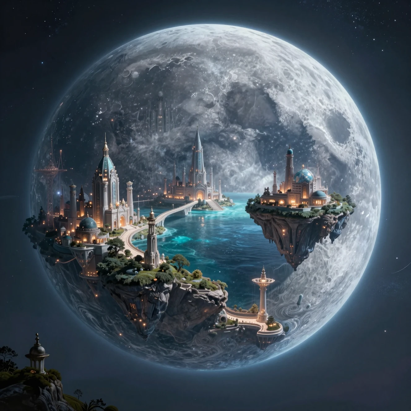 Gigantic hollow moon revealing an inner ancient world