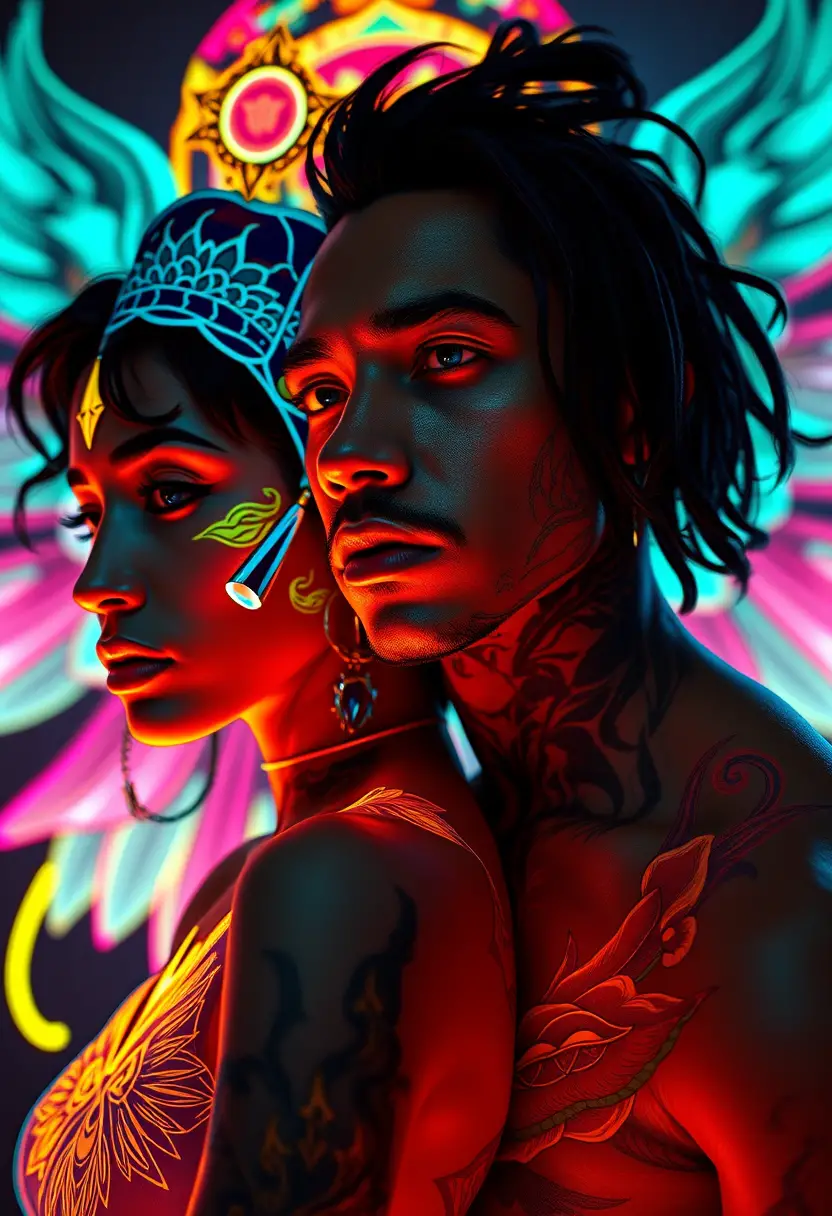 Latin couple with glowing fluorescent tattoos in neon colors