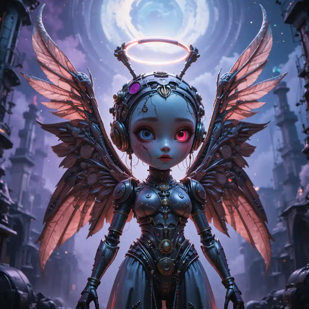 Surreal cybernetic angel with biomechanical wings close up