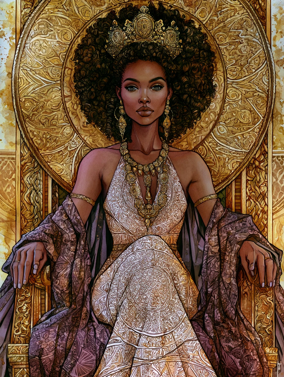 Regal Black woman on a throne in tropical palace