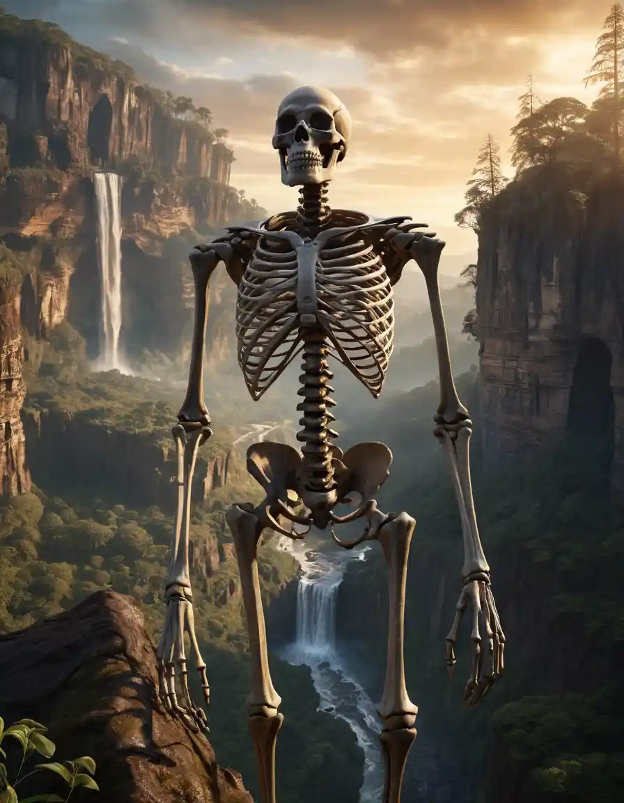 Colossal titan skeleton spanning a forested mountain valley