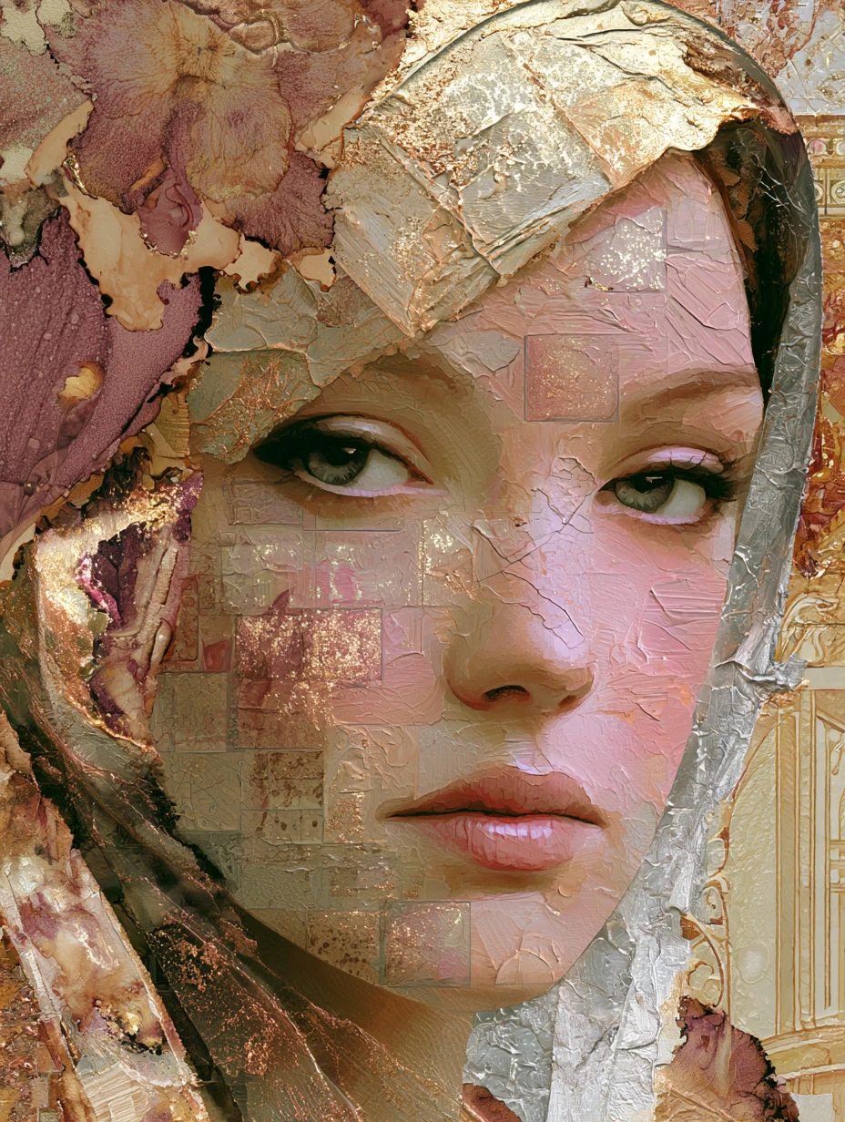 Art nouveau woman in surreal pink and gold dreamscape