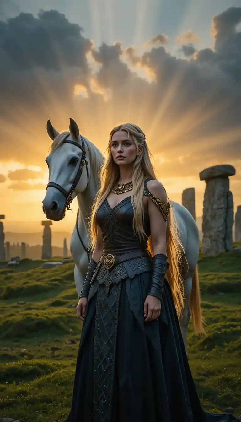 Celtic queen with white horse beneath stormy golden sunset