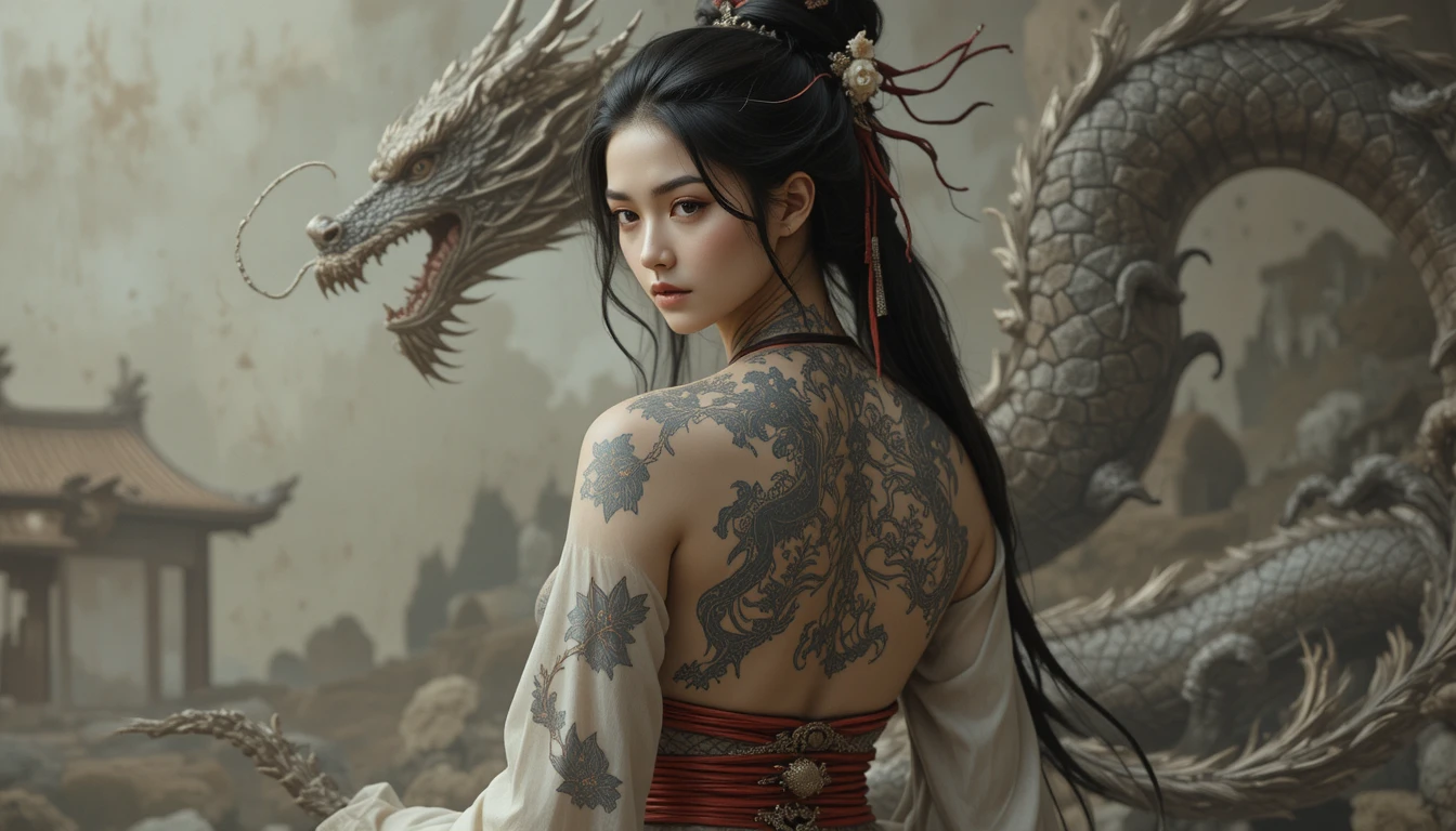 Asian woman with dragon tattoo in fantasy illustration