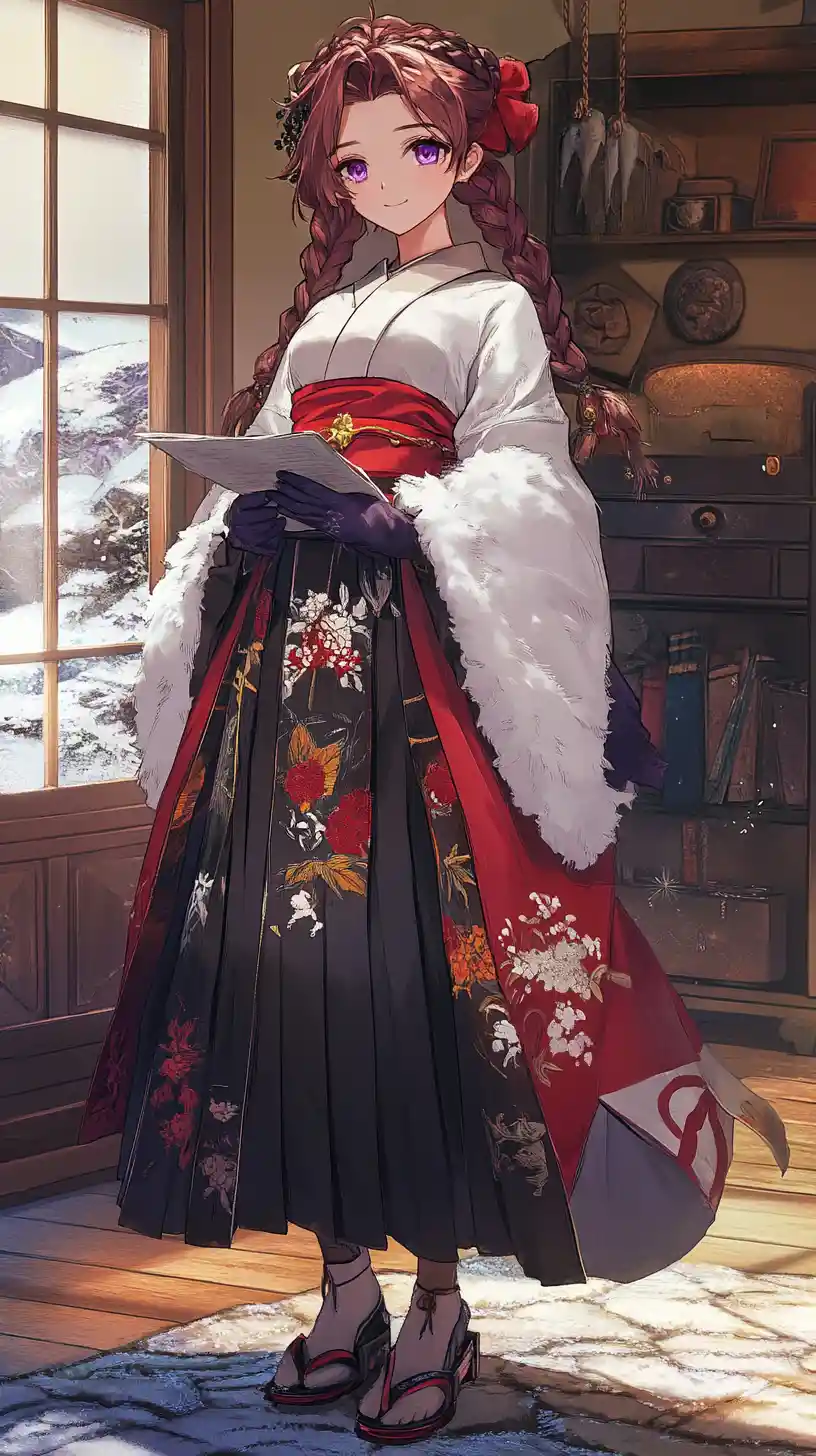 Anime girl reading a paper in a weapon filled room