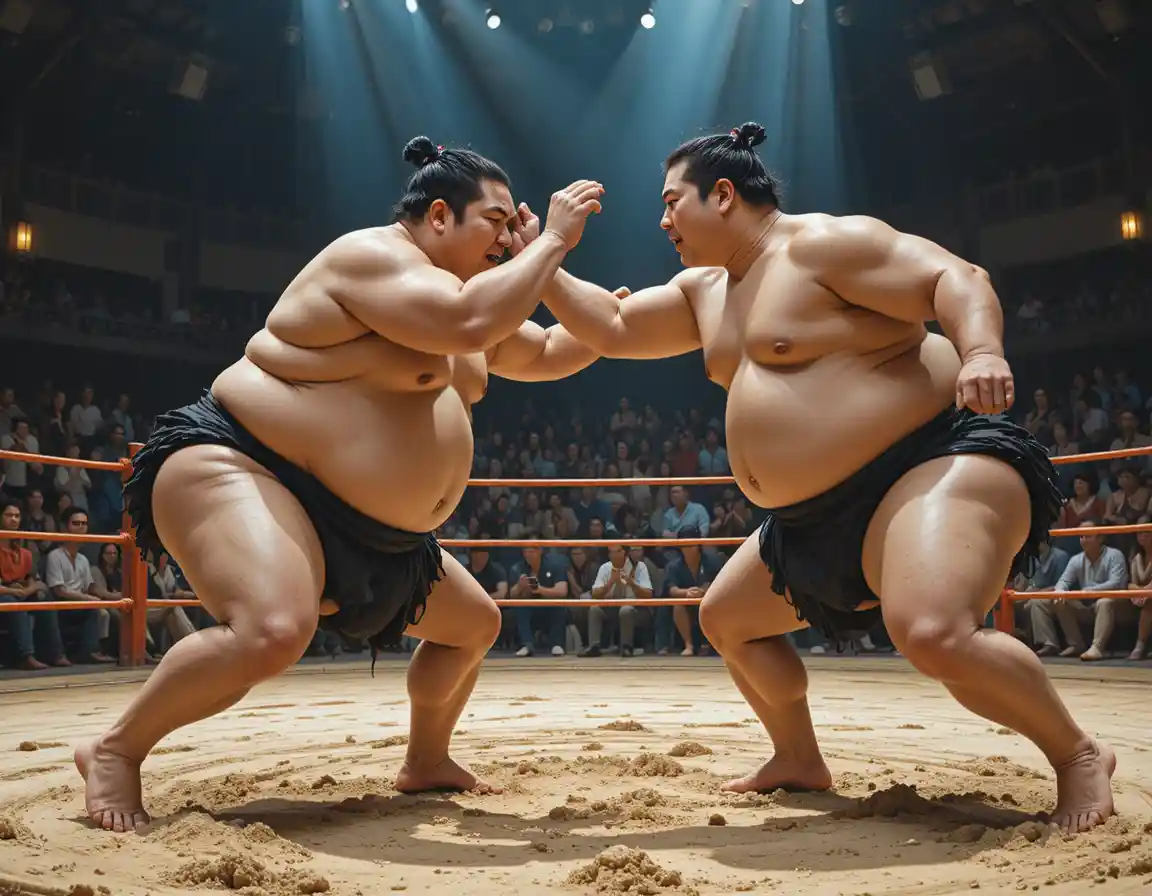 Two sumo wrestlers clash in a traditional ring