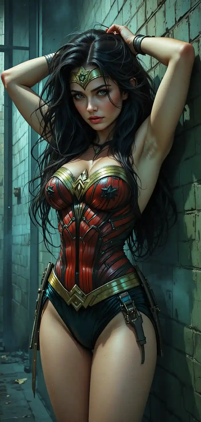 Mysterious pin up warrior woman in a dark prison cell