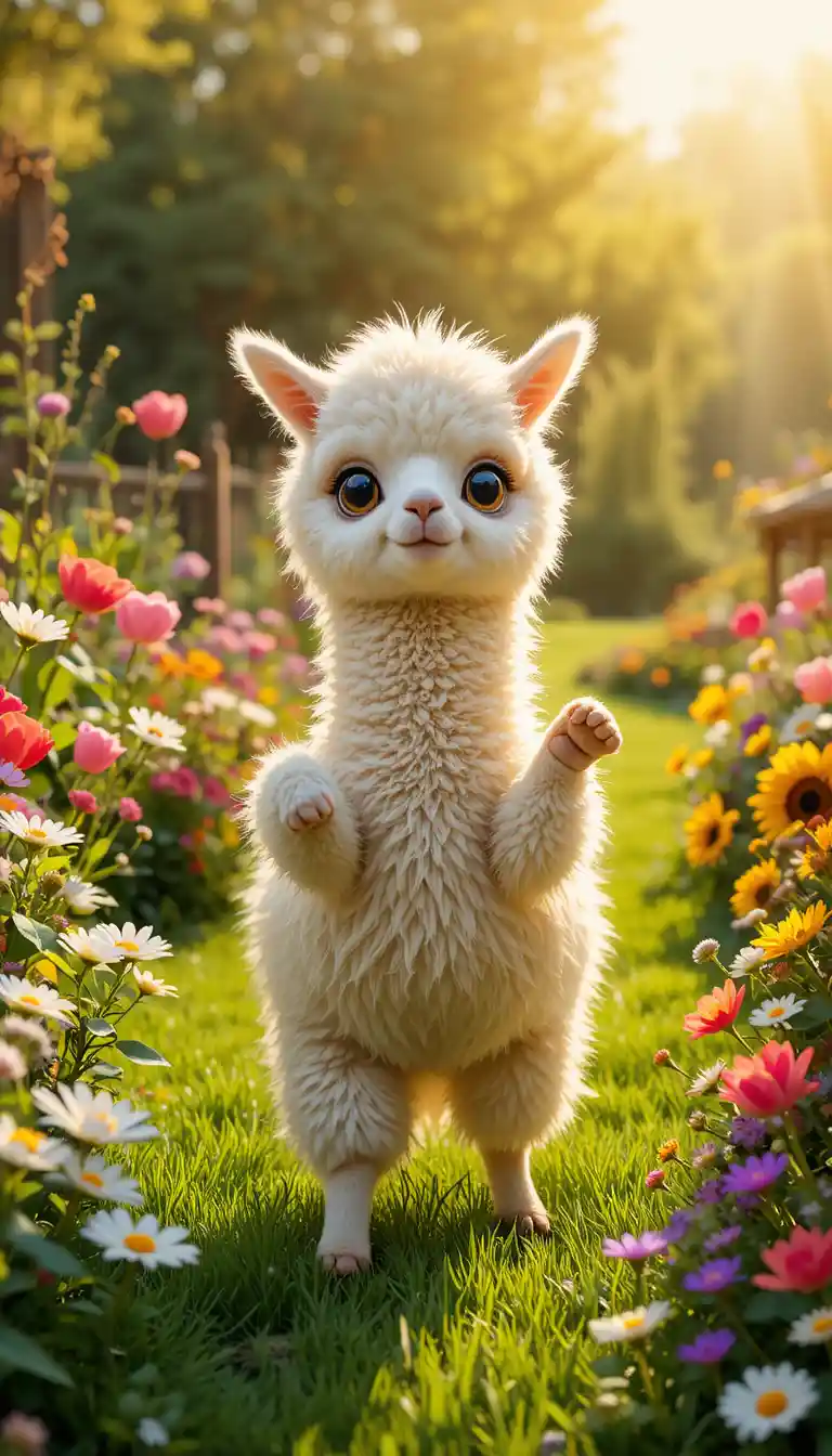 Joyful baby alpaca dancing in a colorful summer garden