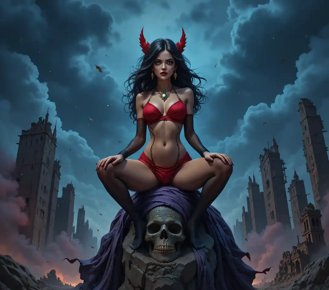 Seductive horned demon woman on a giant stone skull
